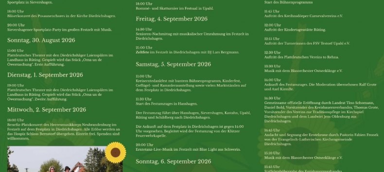 Festival Week Program // © Verein zur Traditionspflege im Kirchspiel Diedrichshagen Festival Week Program // © Verein zur Traditionspflege im Kirchspiel Diedrichshagen