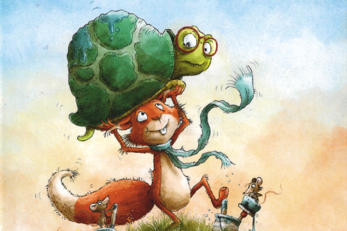 The picture shows a squirrel lifting a turtle. // &copy; Stadtbibliothek Stralsund