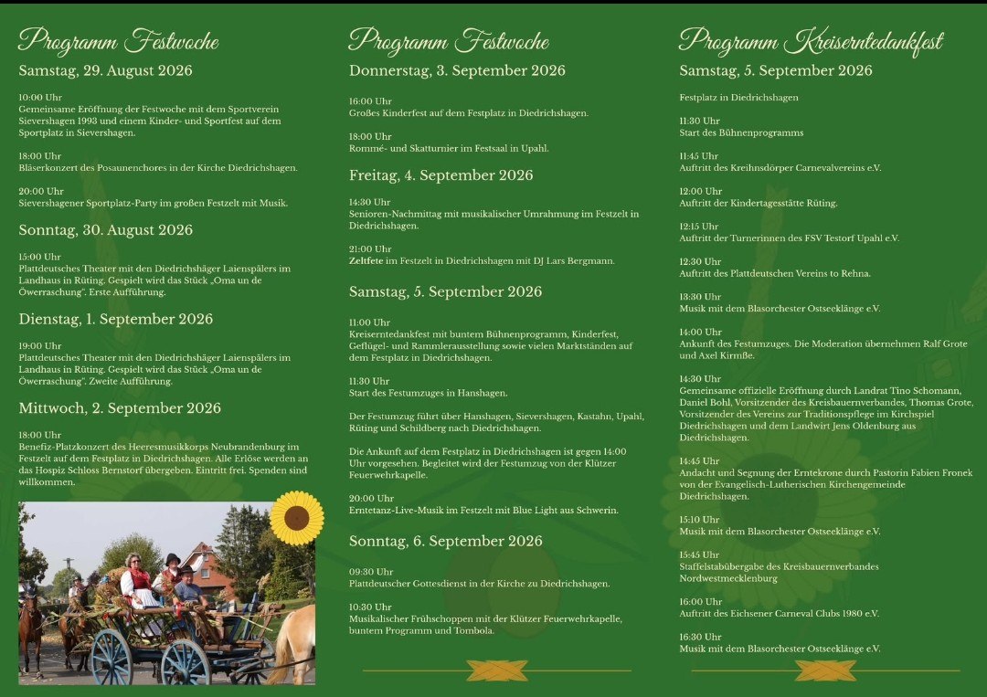 Programma feestweek // © Verein zur Traditionspflege im Kirchspiel Diedrichshagen Programma feestweek // © Verein zur Traditionspflege im Kirchspiel Diedrichshagen