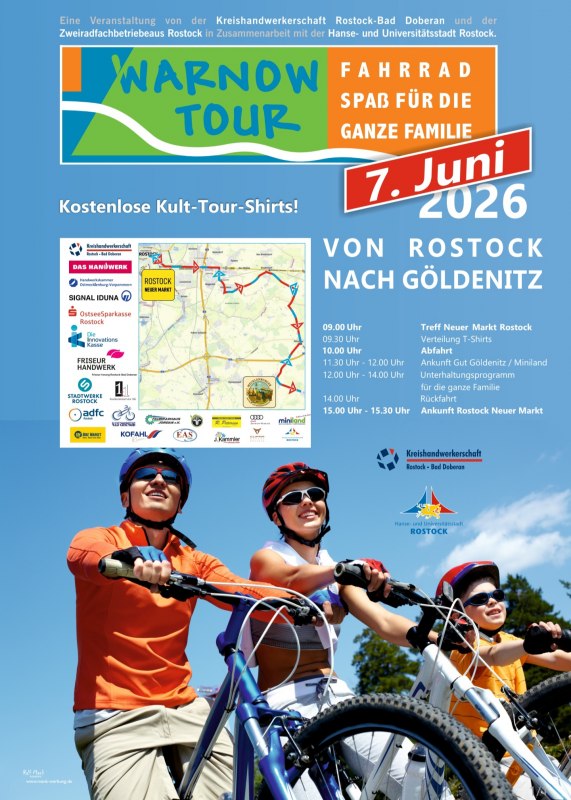 Evenementposter voor de 19e Warnow Tour op 7 juni 2026 van Rostock naar Göldenitz. De poster toont een wielergezin tegen een blauwe lucht, de routekaart van de Neuer Markt in Rostock naar het landgoed Göldenitz/Miniland en de logo's van de deelnemende partners en sponsors. // © Kreishandwerkerschaft Evenementposter voor de 19e Warnow Tour op 7 juni 2026 van Rostock naar Göldenitz. De poster toont een wielergezin tegen een blauwe lucht, de routekaart van de Neuer Markt in Rostock naar het landgoed Göldenitz/Miniland en de logo's van de deelnemende partners en sponsors. // © Kreishandwerkerschaft