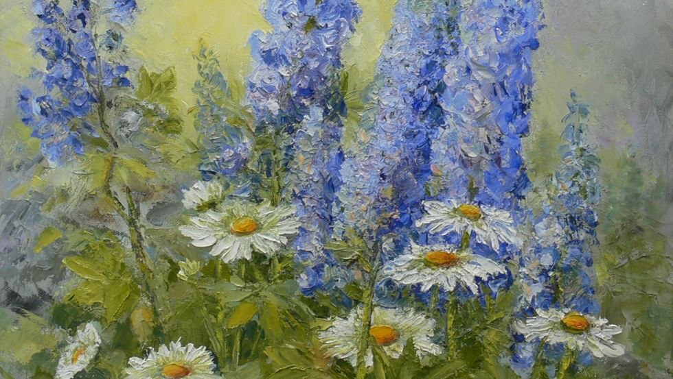 Delphiniums en margrieten, &copy; Lilian Bremer