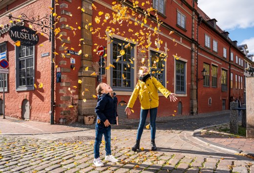 Herfstvakantie aan de Baltische kust van Mecklenburg en kinderen die spelen met herfstbladeren voor het Schabbell Museum.