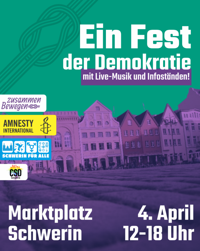 Festival of democracy. Schwerin market square. On 04.04.2026 from 12-18.picture background is the silhouette of the market place in Schwerin in purple. // © Zusammen bewegen Festival of democracy. Schwerin market square. On 04.04.2026 from 12-18.picture background is the silhouette of the market place in Schwerin in purple. // © Zusammen bewegen