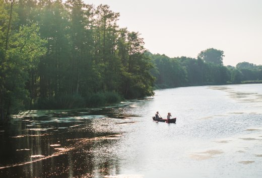 Twee mensen peddelen in een kano op de Peene, omgeven door weelderige natuur en zonovergoten water.