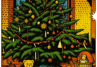 Der Weihnachtsbaum im Festsaal des Möckelhauses im Stil einer Zeichnung aus einem Märchenbuch. // © Stadt- und Bädermuseum Bad Doberan Der Weihnachtsbaum im Festsaal des Möckelhauses im Stil einer Zeichnung aus einem Märchenbuch. // © Stadt- und Bädermuseum Bad Doberan