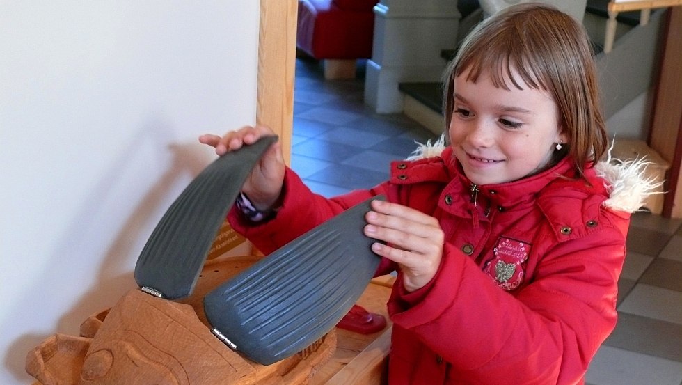 Touching, hearing and seeing, you can learn amazing things about ospreys, pikes and yellow fire beetles at the National Park Information Boek // © Nationalparkamt Müritz Touching, hearing and seeing, you can learn amazing things about ospreys, pikes and yellow fire beetles at the National Park Information Boek // © Nationalparkamt Müritz