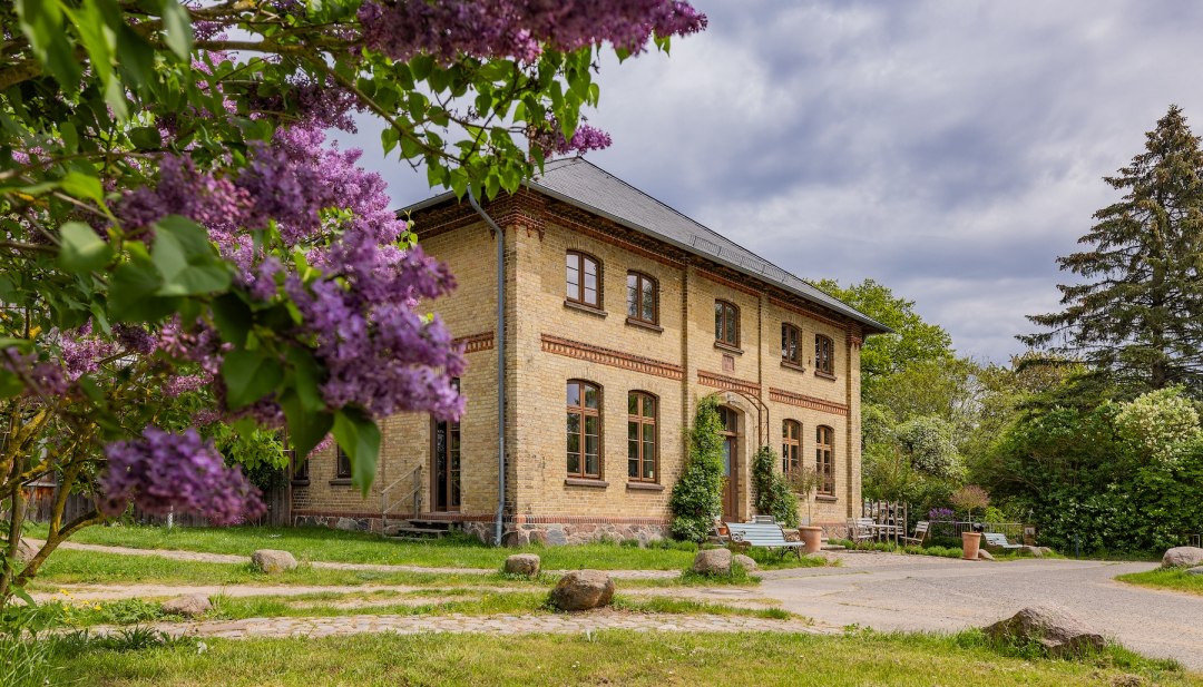 Dworek w Lexow z kwitnącymi bzami na pierwszym planie i zabytkową ceglaną fasadą.