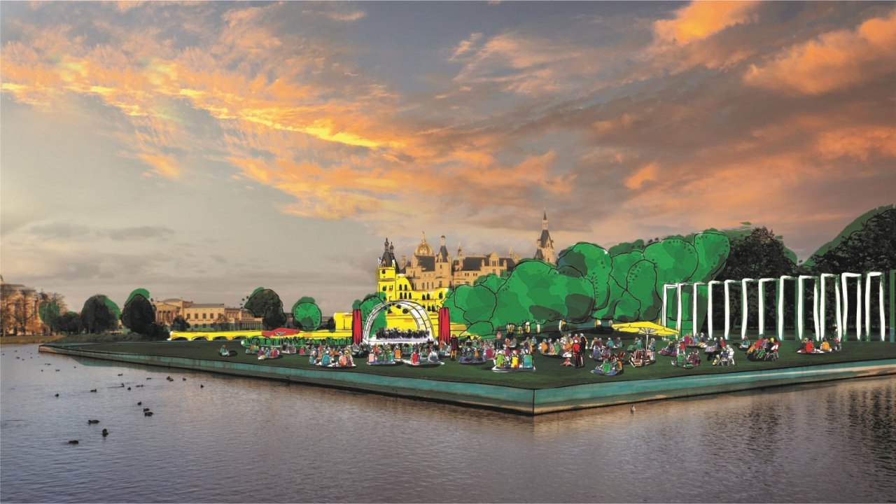 Wizualizacja Festiwalu Zamkowego na Pływającej Łące w Schwerinie w zasięgu wzroku Zamku Schwerin. // &copy; Mecklenburgisches Staatstheater