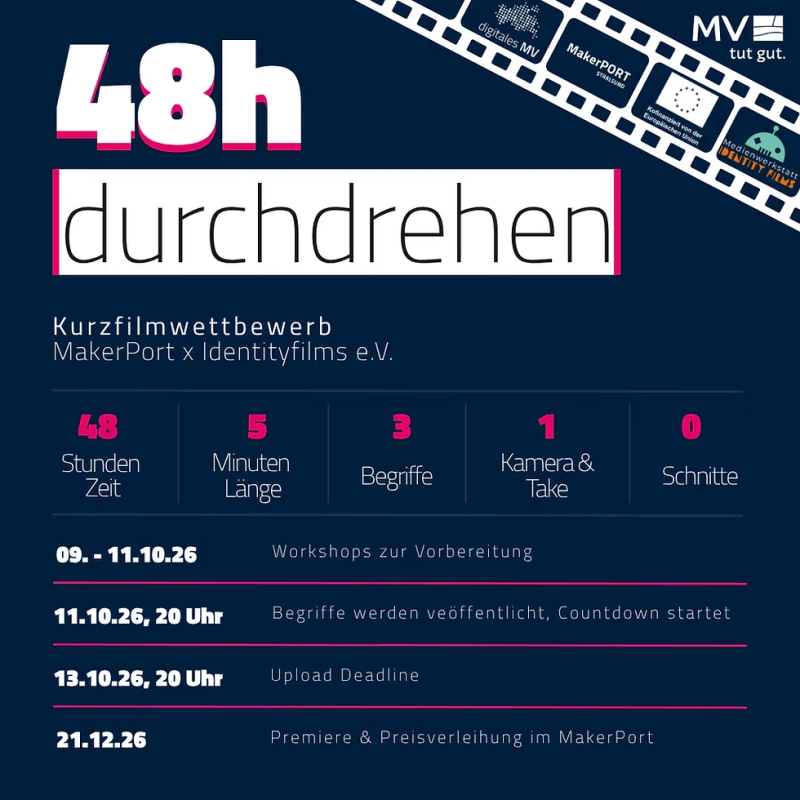 https://www.makerport.de/event-details/48h-durchdrehen-der-kurzfilmwettbewerb-in-stralsund-2 // © MakerPort https://www.makerport.de/event-details/48h-durchdrehen-der-kurzfilmwettbewerb-in-stralsund-2 // © MakerPort