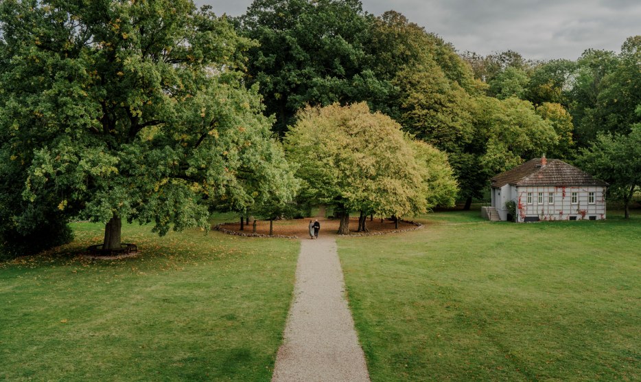 Een idyllische wandeling door het park van Romantik Hotel Gutshaus Ludorf: omringd door oude bomen en groene weiden nodigt de natuur je uit om te ontspannen en tot rust te komen. // © MV-T/Gänsicke Een idyllische wandeling door het park van Romantik Hotel Gutshaus Ludorf: omringd door oude bomen en groene weiden nodigt de natuur je uit om te ontspannen en tot rust te komen.