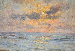 Zeebrand bij zonsondergang, olieverf op doek, 25 x 28 cm. Museum Katwijk, collectie Genootschap Oud Katwijk, inv.nr. 6633, schenking Dietrich B // © Dietrich B Zeebrand bij zonsondergang, olieverf op doek, 25 x 28 cm. Museum Katwijk, collectie Genootschap Oud Katwijk, inv.nr. 6633, schenking Dietrich B // © Dietrich B