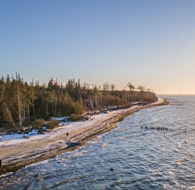 Winter beach at Torfbr&uuml;cke Graal-M&uuml;ritz with snow-covered trees, glistening Baltic Sea and a sunset on the horizon.