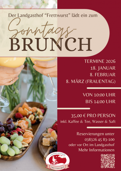 Brunch at Golfpark Strelasund Flyer with technical data - two hands with organ juice glasses, fruit, cheese and sausage specialties, &copy; Golfpark Strelasund