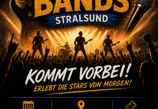 Dynamisches Veranstaltungsplakat zum „BATTLE OF THE BANDS Stralsund 2026“. Zu sehen ist eine Rockband auf einer beleuchteten Bühne vor einem begeisterten Publikum. Das Design kombiniert schwarze, goldene und blaue Elemente mit Gitarren, Mikrofon, Flügeln und Scheinwerfern. Im unteren Bereich stehen Veranstaltungsdatum, Ort und Eintrittspreis. // © Felix Meyer / Battle of the Bands Stralsund – KI-generierte Grafik Dynamisches Veranstaltungsplakat zum „BATTLE OF THE BANDS Stralsund 2026“. Zu sehen ist eine Rockband auf einer beleuchteten Bühne vor einem begeisterten Publikum. Das Design kombiniert schwarze, goldene und blaue Elemente mit Gitarren, Mikrofon, Flügeln und Scheinwerfern. Im unteren Bereich stehen Veranstaltungsdatum, Ort und Eintrittspreis. // © Felix Meyer / Battle of the Bands Stralsund – KI-generierte Grafik