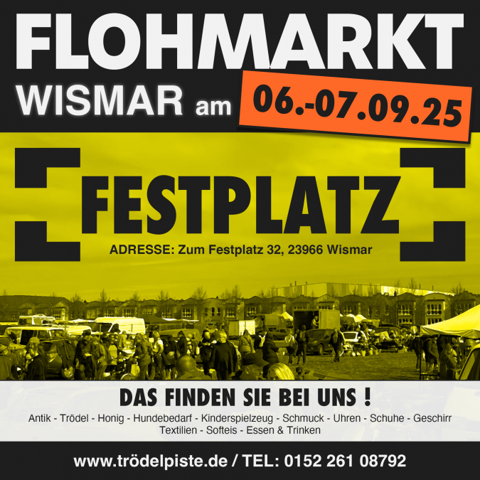 Address: Zum Festplatz 32, 23966 WismarStand fees:Flea market goods / handicrafts : 8 €/meterNew goods (limited) : 12 €/meterDealer information:Set-up Fridays from 10:00 a.m.Set-up Sat/Sun from 6:00 a.m.Set-up from 4:00 p.m.IMPORTANT NOTES:Dealers who stand at our markets for two days pay 1€ per meter less on the 2nd day of the event.We can use the receipt to track who is participating on both days of the event., © Lennard Kuhring