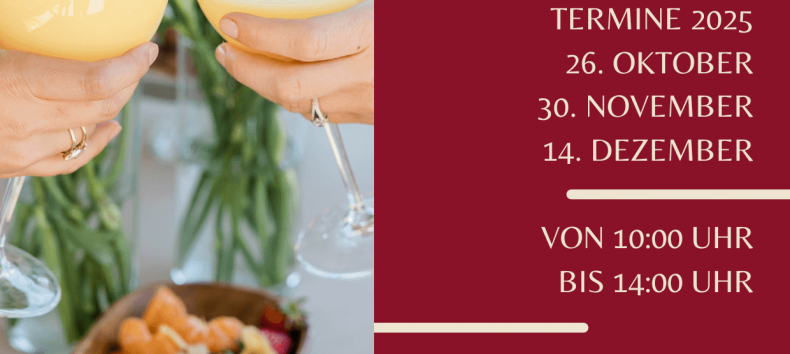 Brunch at Golfpark Strelasund Flyer with technical data - two hands with organ juice glasses, fruit, cheese and sausage specialties, © Golfpark Strelasund