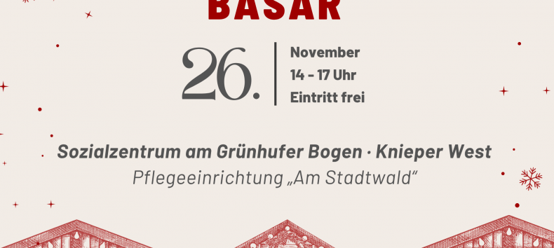Plakat für den Adventsbasar im Sozialzentrum am Grünhufer Bogen mit weihnachtlichen Illustrationen von Marktständen, Schneeflocken sowie Angaben zu Termin, Uhrzeit und Veranstaltungsort. // © Claudia Zemke Plakat für den Adventsbasar im Sozialzentrum am Grünhufer Bogen mit weihnachtlichen Illustrationen von Marktständen, Schneeflocken sowie Angaben zu Termin, Uhrzeit und Veranstaltungsort. // © Claudia Zemke