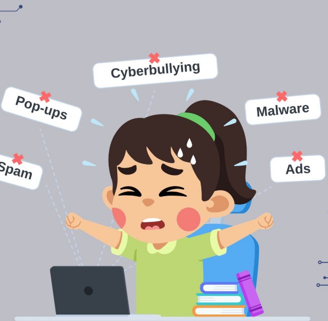 Ein Kind wird mit Begriffen wie "Cybermobbing", "Werbung" oder "Malware" kofrontiert. Es sitzt vor einem Laptop und hat einen gestressten Gesichtsausdruck. // © Stadtbibliothek Stralsund Ein Kind wird mit Begriffen wie "Cybermobbing", "Werbung" oder "Malware" kofrontiert. Es sitzt vor einem Laptop und hat einen gestressten Gesichtsausdruck. // © Stadtbibliothek Stralsund