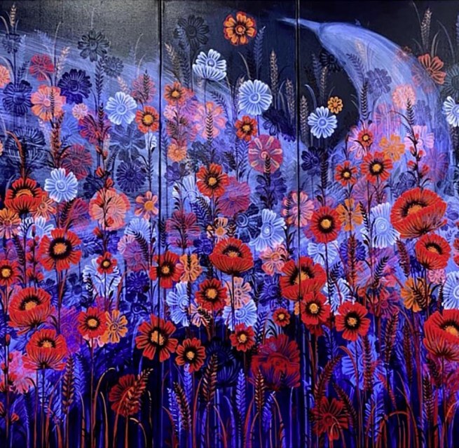 Olha Cheremushkina: Erinnerung an bl&uuml;hendes Land. Malerei, Acryl auf Leinwand // &copy; Olha Cheremushkina