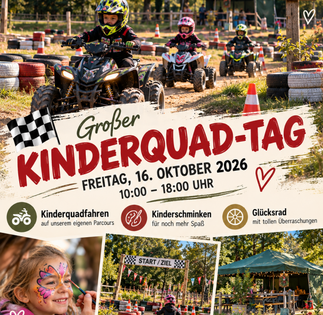B&oslash;rn, der k&oslash;rer p&aring; quad p&aring; en b&oslash;rnequad-bane med ansigtsmaling og et festtelt &ndash; motiv fra b&oslash;rnequad-dagen hos Eichi&rsquo;s Landtour. // &copy; Eichis Landtour - KI gest&uuml;tzte Bildgestaltung