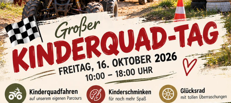 Kinder beim Quadfahren auf einem Kinderquad-Parcours mit Kinderschminken und Veranstaltungszelt – Motiv zum Kinderquad-Tag bei Eichi’s Landtour. // © Eichis Landtour - KI gestützte Bildgestaltung Kinder beim Quadfahren auf einem Kinderquad-Parcours mit Kinderschminken und Veranstaltungszelt – Motiv zum Kinderquad-Tag bei Eichi’s Landtour. // © Eichis Landtour - KI gestützte Bildgestaltung