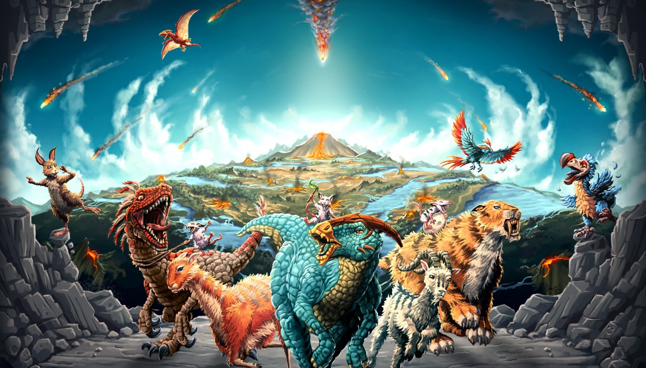 Comet game cover, various colorful mythical creatures at the entrance to a cave with a view of a fantasy land, © Funtails