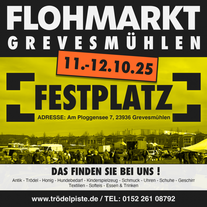 Adres: Am Ploggensee 7, 23936 GrevesmühlenOPŁATY ZA STOISKO:Towary używane / rękodzieło: 8 €/metrNowe towary (ograniczone): 12 €/metrINFORMACJE DLA HANDLOWCÓW:Rozstawianie w piątki od 12:00Rozstawianie w soboty i niedziele od 6:00Rozkładanie od 16:00 WAŻNE UWAGI:Handlowcy, którzy stoją na naszych targach przez dwa dni, płacą o 1 € za metr mniej drugiego dnia wydarzenia.Możemy użyć paragonu, aby śledzić, kto uczestniczy w obu dniach wydarzenia., © Lennard Kuhring