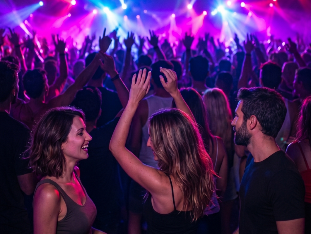 Party atmosphere on board: Guests dancing under atmospheric lighting during a party on board. // © KI Party atmosphere on board: Guests dancing under atmospheric lighting during a party on board. // © KI