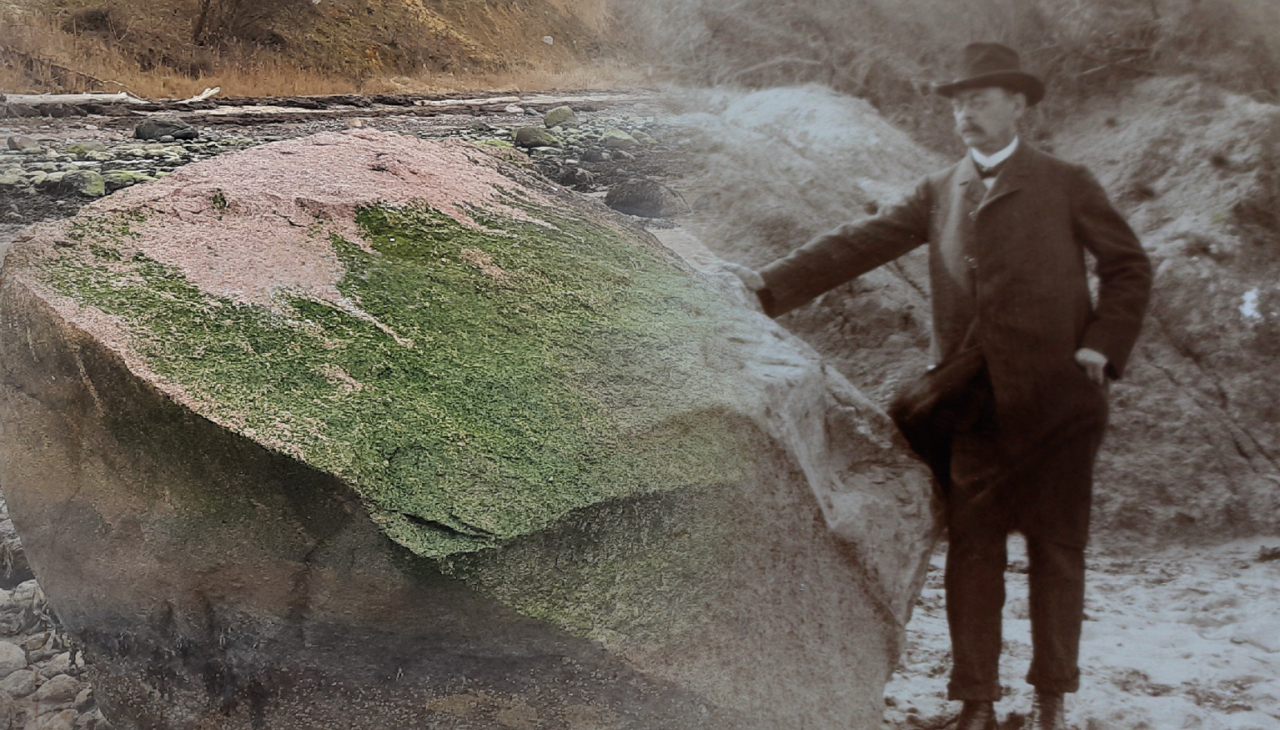 Kolaż starego zdjęcia Eugena Geinitza na głazie z nowoczesnym zdjęciem., © Müritzeum