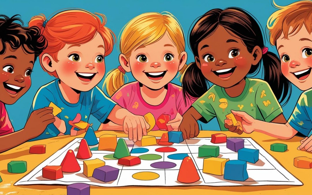 5 lachende kinderen zitten voor een bordspel met kleurrijke vierkantjes en kegels., © Stadtbibliothek Stralsund