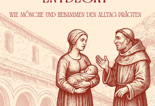 Ein Mönch und eine Hebamme mit einem Säugling auf dem Arm sind in ein Gespräch vertieft. // © Stadt- und Bädermuseum Bad Doberan Ein Mönch und eine Hebamme mit einem Säugling auf dem Arm sind in ein Gespräch vertieft. // © Stadt- und Bädermuseum Bad Doberan