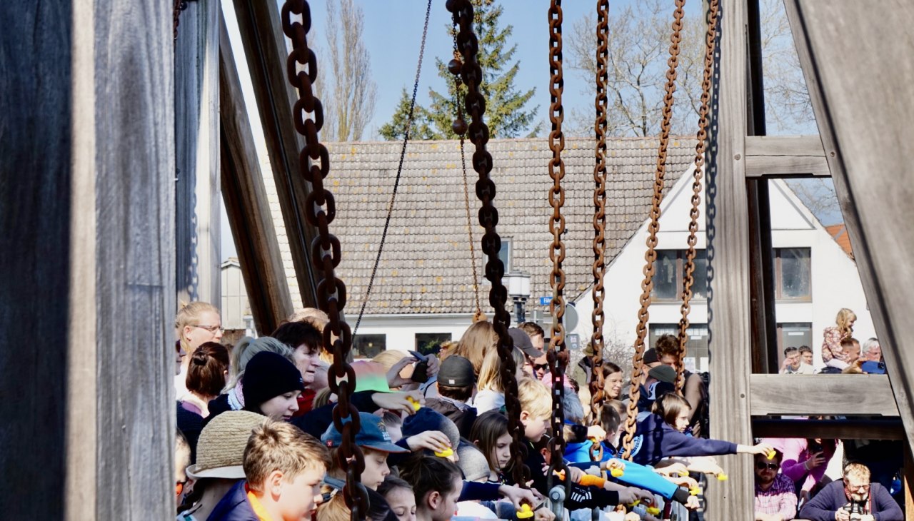 The duck race on the Wiecker bascule bridge is very popular., &copy; Gudrun Koch