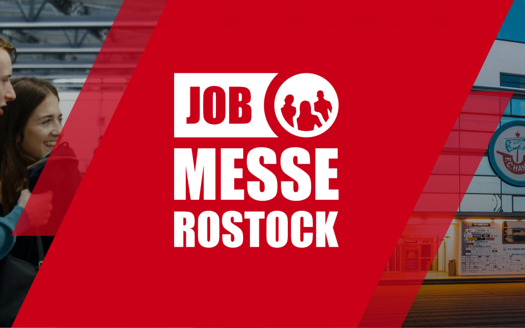 A diagonal red bar runs across the picture, with the Rostock job fair logo in white. In the background to the left is a group of schoolchildren, to the right the Ostseestadion., © HR Business GmbH