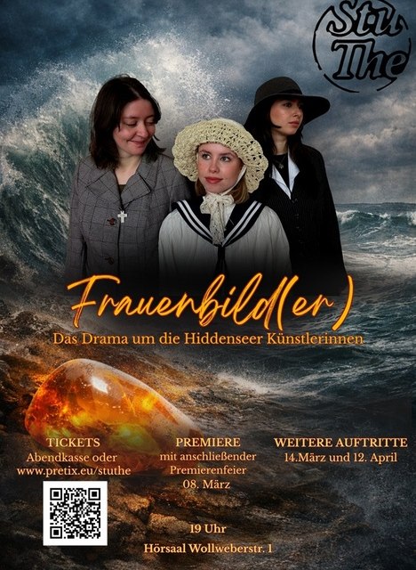 Flyerontwerp voor het evenement: drie vrouwen voor golvende golven boven de gloed van barnsteen // © StuThe Greifswald e.V. Flyerontwerp voor het evenement: drie vrouwen voor golvende golven boven de gloed van barnsteen // © StuThe Greifswald e.V.