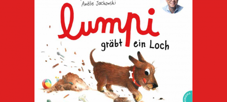 Book cover - Lumpi the dachshund digs a hole, next to him lies a bone and a radish // &copy; Stadtbibliothek Stralsund
