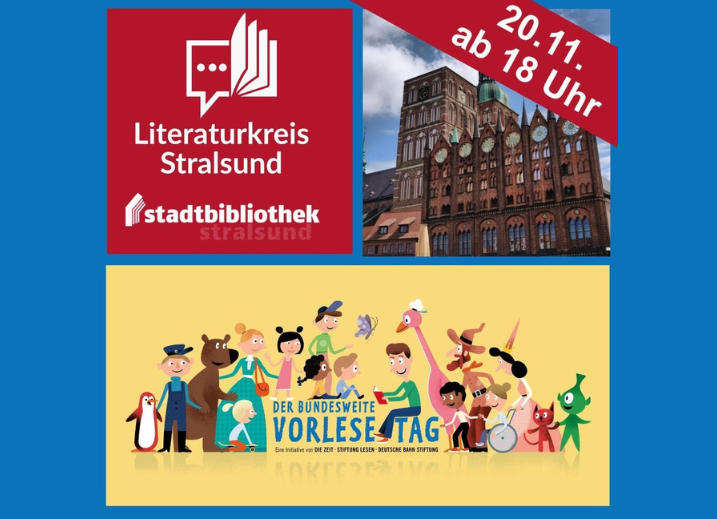 Logo van de Literatuurkring en de Stadsbibliotheek; het stadhuis van Stralsund en het spandoek van de Voorleesdag, © Literaturkreis Stralsund Logo van de Literatuurkring en de Stadsbibliotheek; het stadhuis van Stralsund en het spandoek van de Voorleesdag, © Literaturkreis Stralsund