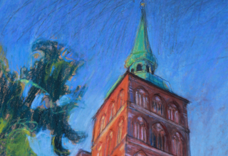 Drawn church tower with green treetop against a blue sky // © Hilmar Noerenberg Drawn church tower with green treetop against a blue sky // © Hilmar Noerenberg