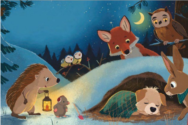 Leśne zwierzęta znajdują w lesie szczeniaka. Początek wspaniałej historii., © Stadtbibliothek Stralsund Leśne zwierzęta znajdują w lesie szczeniaka. Początek wspaniałej historii., © Stadtbibliothek Stralsund