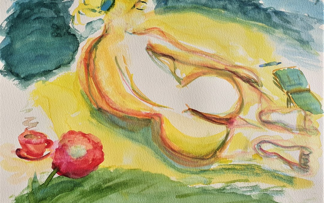 female nude on the beach of Bansin, with book and pencil and cappuccino cup watercolor mixing technique with colors and pencils on paper, © Heike Dittrich