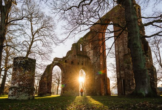 Warm licht overspoelt de kloosterruïnes van Eldena in Greifswald en brengt de historische plek tot leven terwijl de dag zachtjes ten einde loopt., © MV-T/Gross Stralen zonlicht vallen door de bakstenen bogen van de kloosterruïne Eldena in Greifswald en werpen warme lichtsporen op het gras.