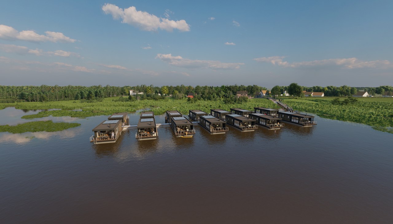 View of the jetty of the Fuhlendorf harbor resort with the floating vacation homes directly on the Bodstedter Bodden - maritime ambience and vacation in an exclusive location., © Hafenresort Fuhlendorf / FHG floating house GmbH
