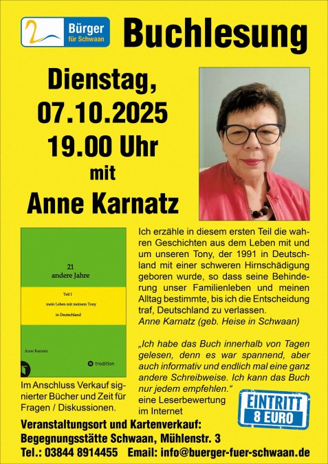 Plakat książka czytanie Anne Karnatz 07102025 12 cm rama, © bürger für schwaan