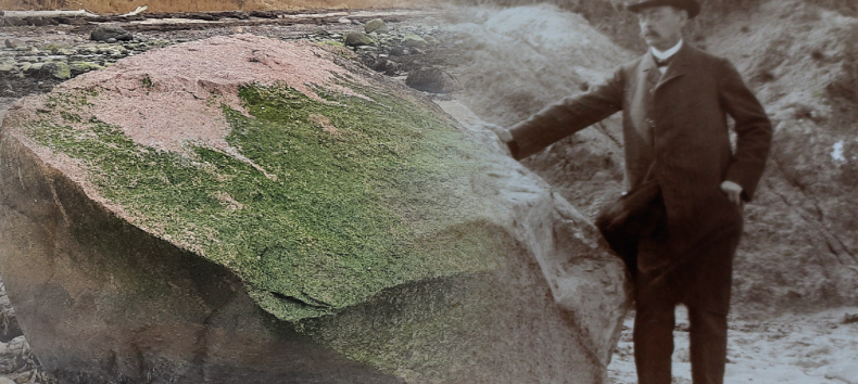 Photo collage of an old photo by Eugen Geinitz on a boulder with a modern photo., © Müritzeum