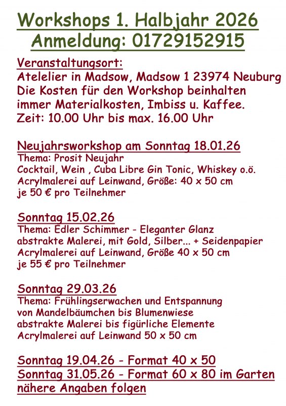 Overview of workshops 1st half-year 2026 // © Annette Mamerow-Brümmer Overview of workshops 1st half-year 2026 // © Annette Mamerow-Brümmer