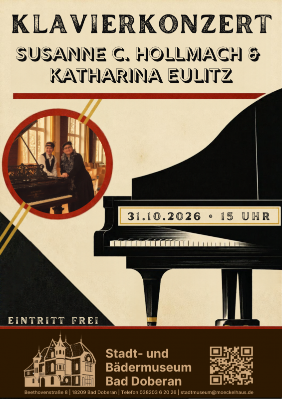 An event poster in the style of the 1930s. A grand piano and a picture of the two musicians. // © Stadt- und Bädermuseum Bad Doberan An event poster in the style of the 1930s. A grand piano and a picture of the two musicians. // © Stadt- und Bädermuseum Bad Doberan