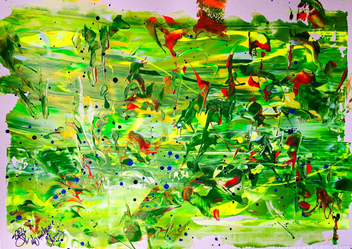 "abundance of Spring" - acrylics on Finn paper - Under the buds of the trees, the green, blue, purple, yellow and red of the heralds of spring shine and inspire! // &copy; Barbara Harder-Lutz