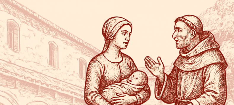 Een monnik en een vroedvrouw met een baby in hun armen zijn in gesprek. // &copy; Stadt- und B&auml;dermuseum Bad Doberan