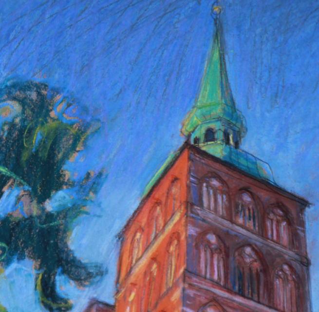 gezeichneter Kirchenturm mit gr&uuml;ner Baumkrone vor blauem Himmel // &copy; Hilmar Noerenberg