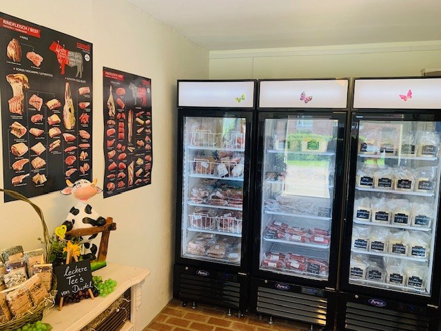 Products from our cattle, meat (frozen) / sausage / farm cheese, &copy; Carolin Kaup