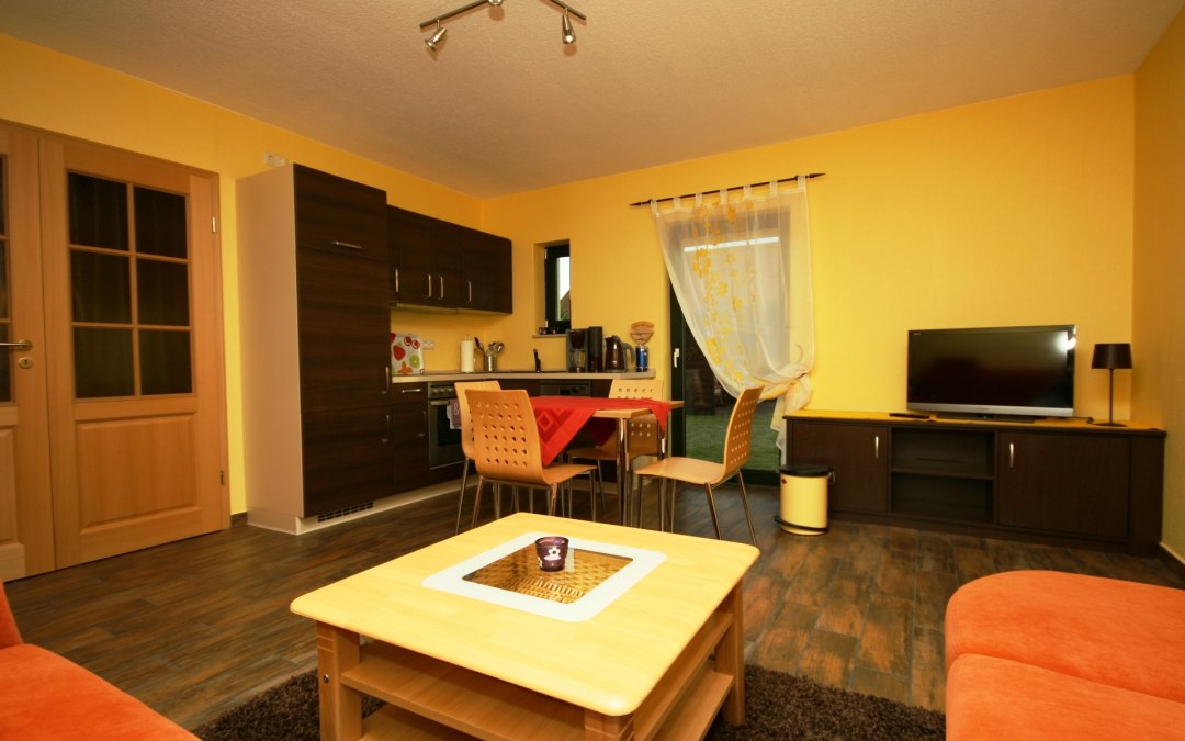 Fully equipped dining area with refrigerator and dishwasher and furnished living area with sofa bed and TV., © Andreas Hollstein